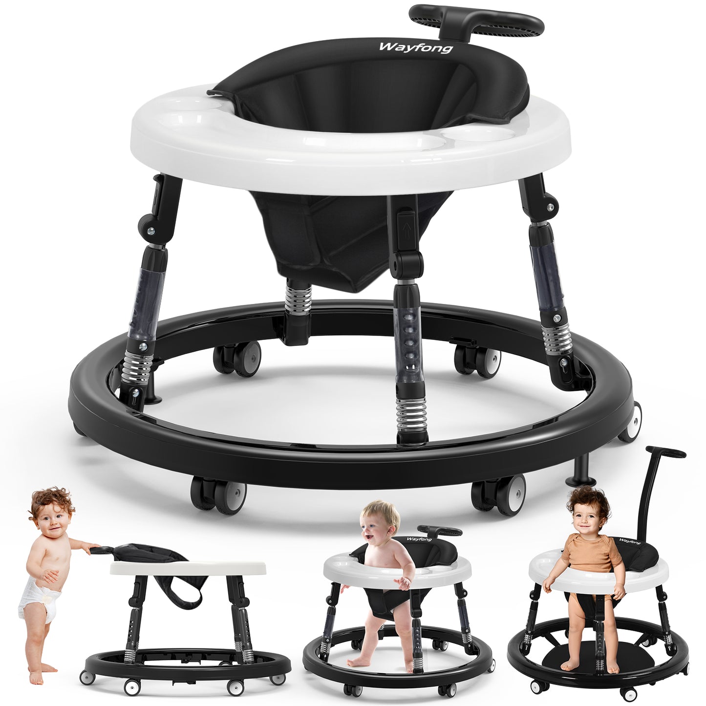 Baby Walker, Foldable Baby Walker with Wheels, 9 Adjustable Heights Walker for Baby, Infant Toddler Walker with Foot Pads, Anti-Fall Baby Walkers and Activity Center for Boys Girls 7-18 Months