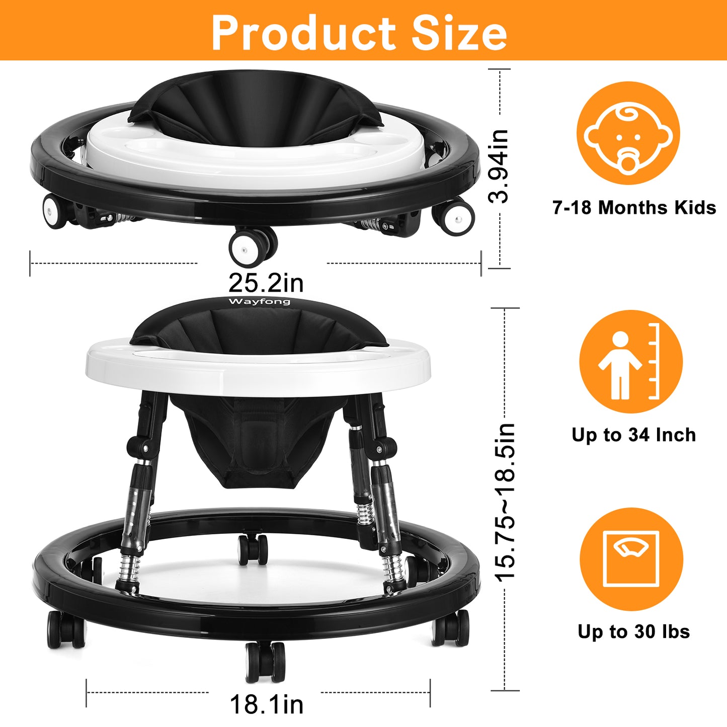 Baby Walker, Foldable Baby Walker with Wheels, 9 Adjustable Heights Walker for Baby, Infant Toddler Walker with Foot Pads, Anti-Fall Baby Walkers and Activity Center for Boys Girls 7-18 Months