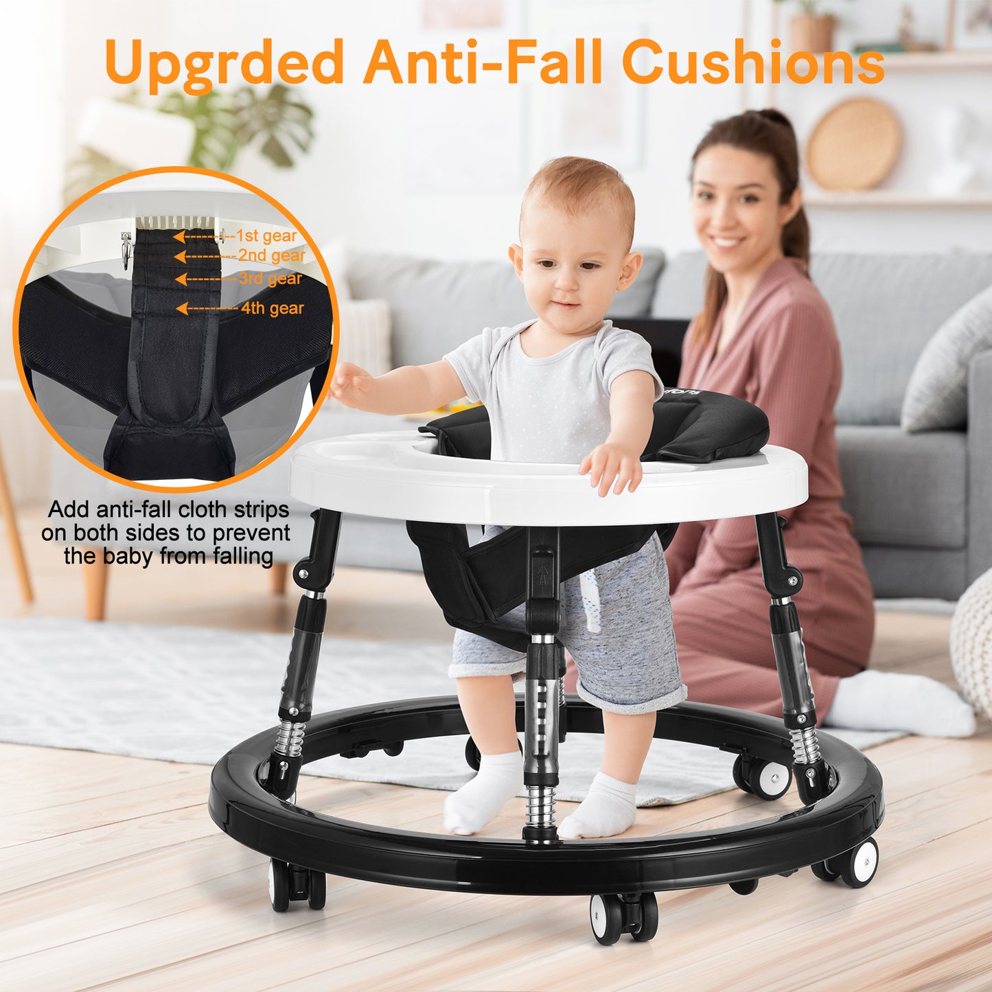 Baby Walker, Foldable Baby Walker with Wheels, 9 Adjustable Heights Walker for Baby, Infant Toddler Walker with Foot Pads, Anti-Fall Baby Walkers and Activity Center for Boys Girls 7-18 Months