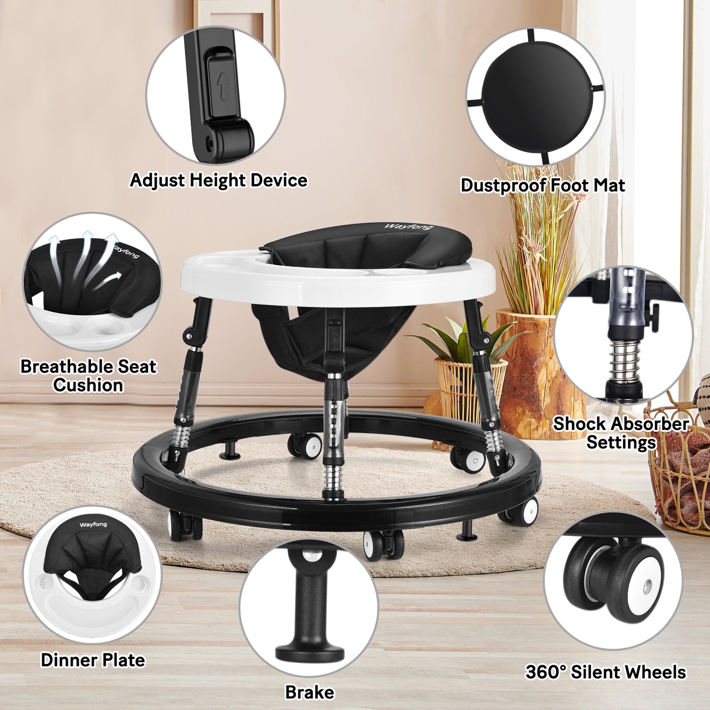 Baby Walker, Foldable Baby Walker with Wheels, 9 Adjustable Heights Walker for Baby, Infant Toddler Walker with Foot Pads, Anti-Fall Baby Walkers and Activity Center for Boys Girls 7-18 Months