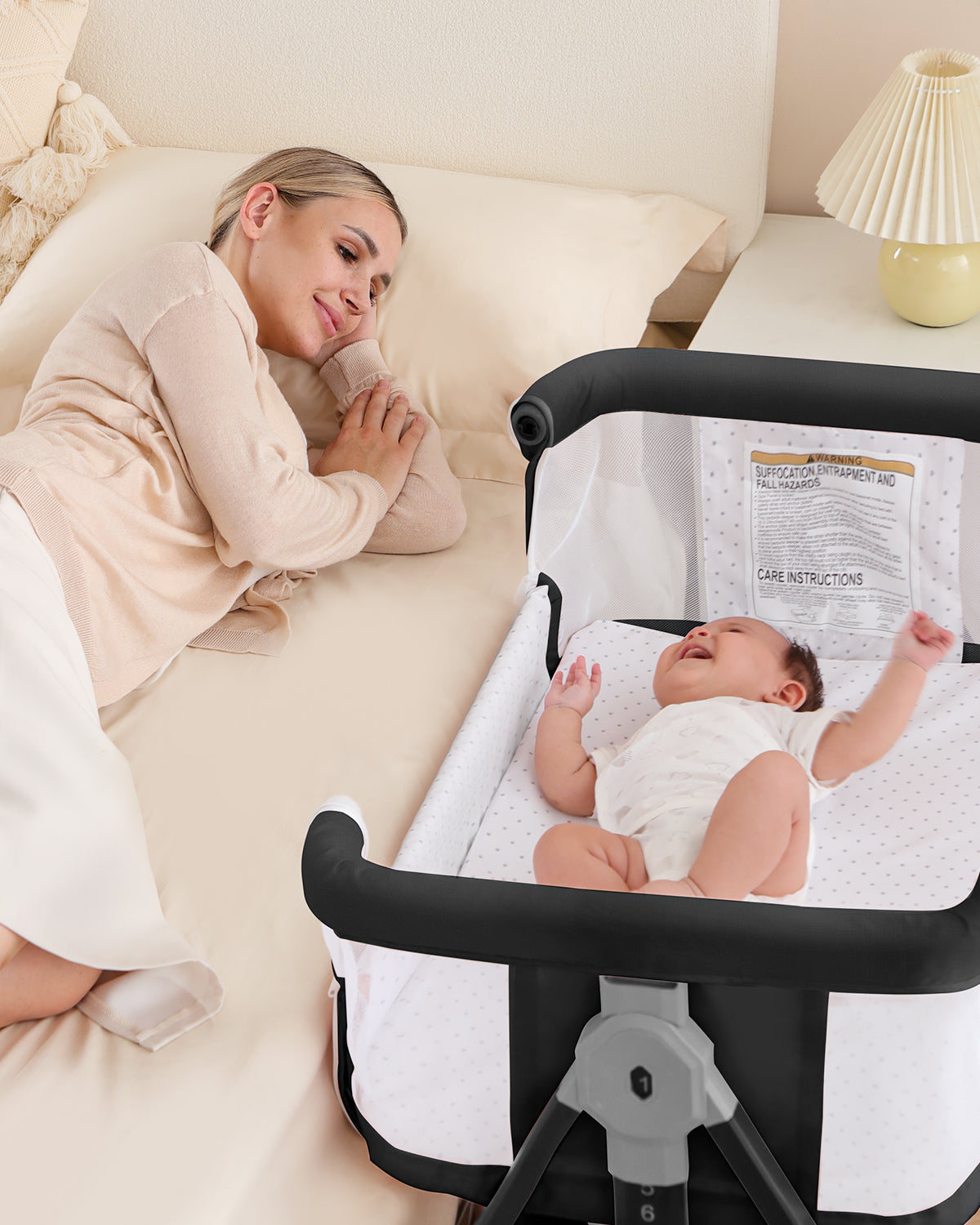 3 in 1 Baby Bassinet, Bedside Crib with Breathable Mesh, Bassinet Bedside Sleeper with Wheels, Mosquito Net, Storage Basket, 6 Height Adjustable, Easy to Fold, Rocking Bassinet for Baby, Black