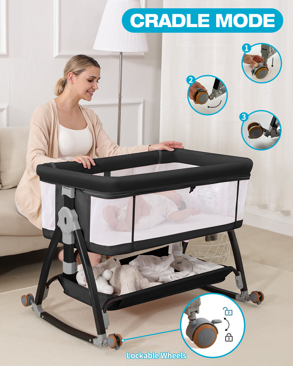 3 in 1 Baby Bassinet, Bedside Crib with Breathable Mesh, Bassinet Bedside Sleeper with Wheels, Mosquito Net, Storage Basket, 6 Height Adjustable, Easy to Fold, Rocking Bassinet for Baby, Black