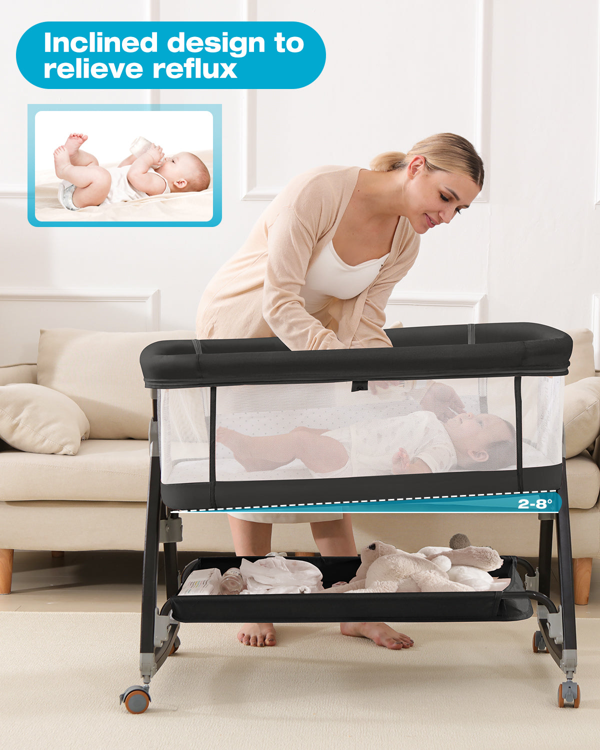 3 in 1 Baby Bassinet, Bedside Crib with Breathable Mesh, Bassinet Bedside Sleeper with Wheels, Mosquito Net, Storage Basket, 6 Height Adjustable, Easy to Fold, Rocking Bassinet for Baby, Black