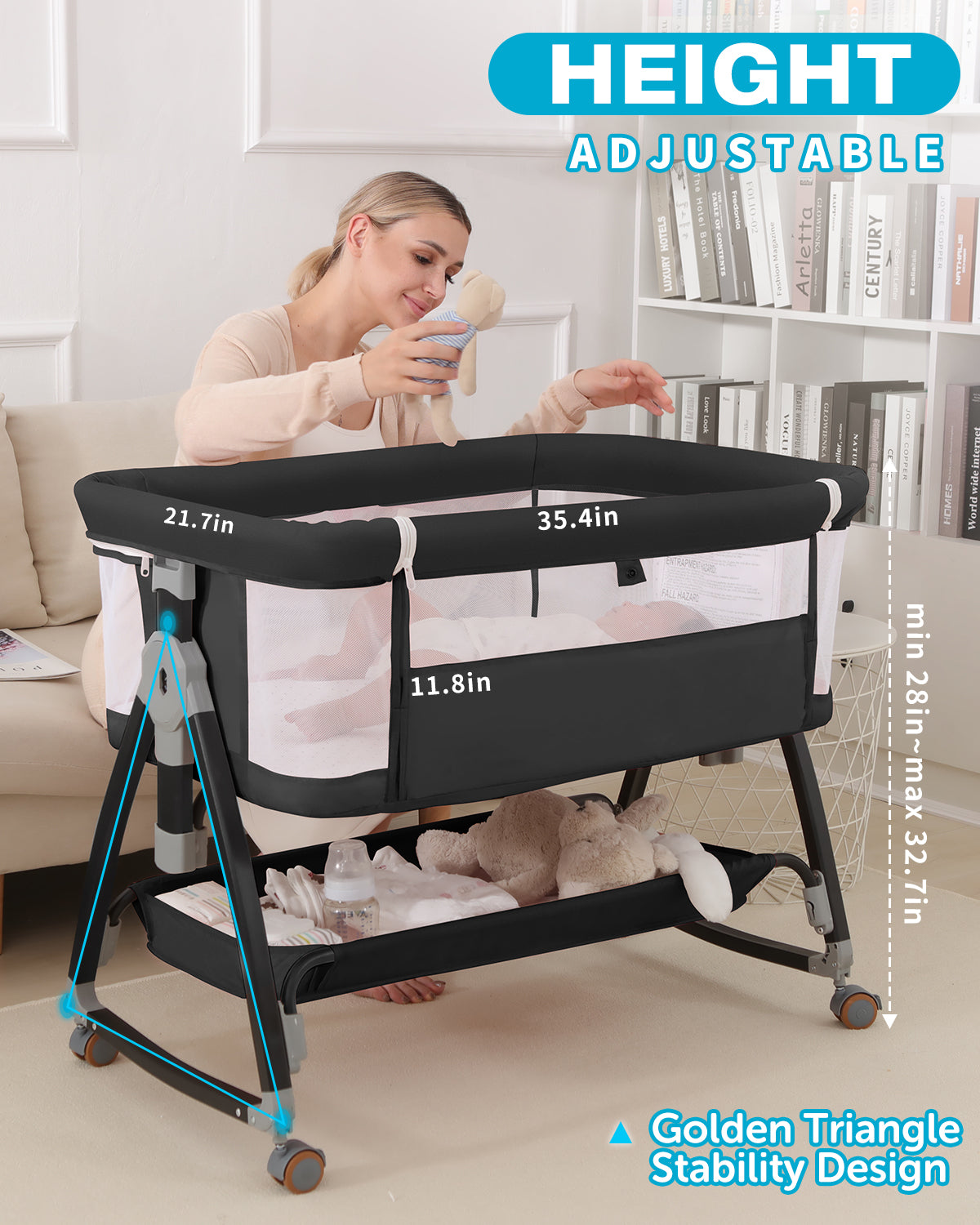 3 in 1 Baby Bassinet, Bedside Crib with Breathable Mesh, Bassinet Bedside Sleeper with Wheels, Mosquito Net, Storage Basket, 6 Height Adjustable, Easy to Fold, Rocking Bassinet for Baby, Black