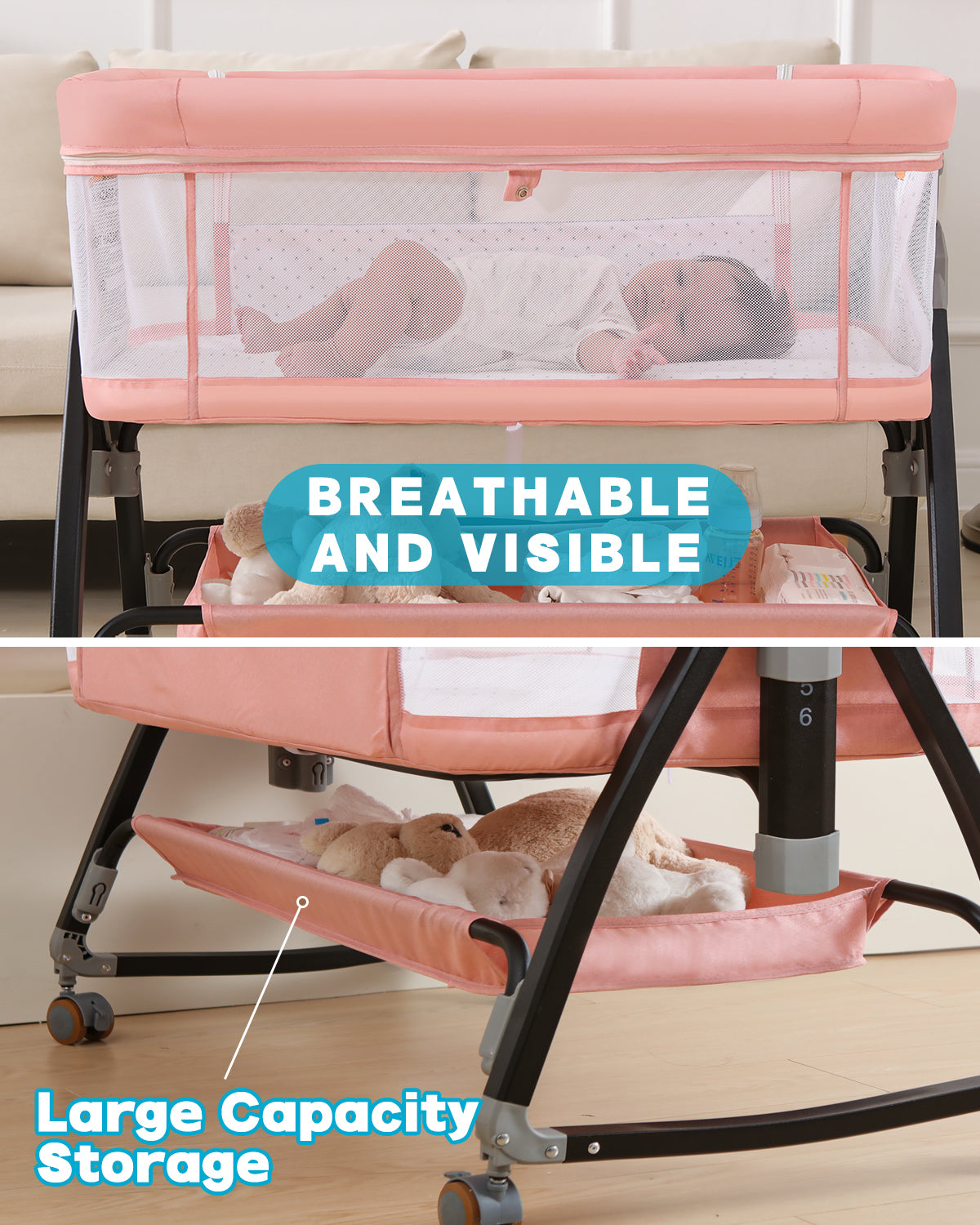 Bedside Bassinet for Baby, 3 in 1 Breathable Mesh Baby Bassinet, 6 Height Adjustable, Easy to Fold, Bassinet Bedside Sleeper with Wheels, Mosquito Net, Storage Basket, Rocking Bassinet for Baby, Pink