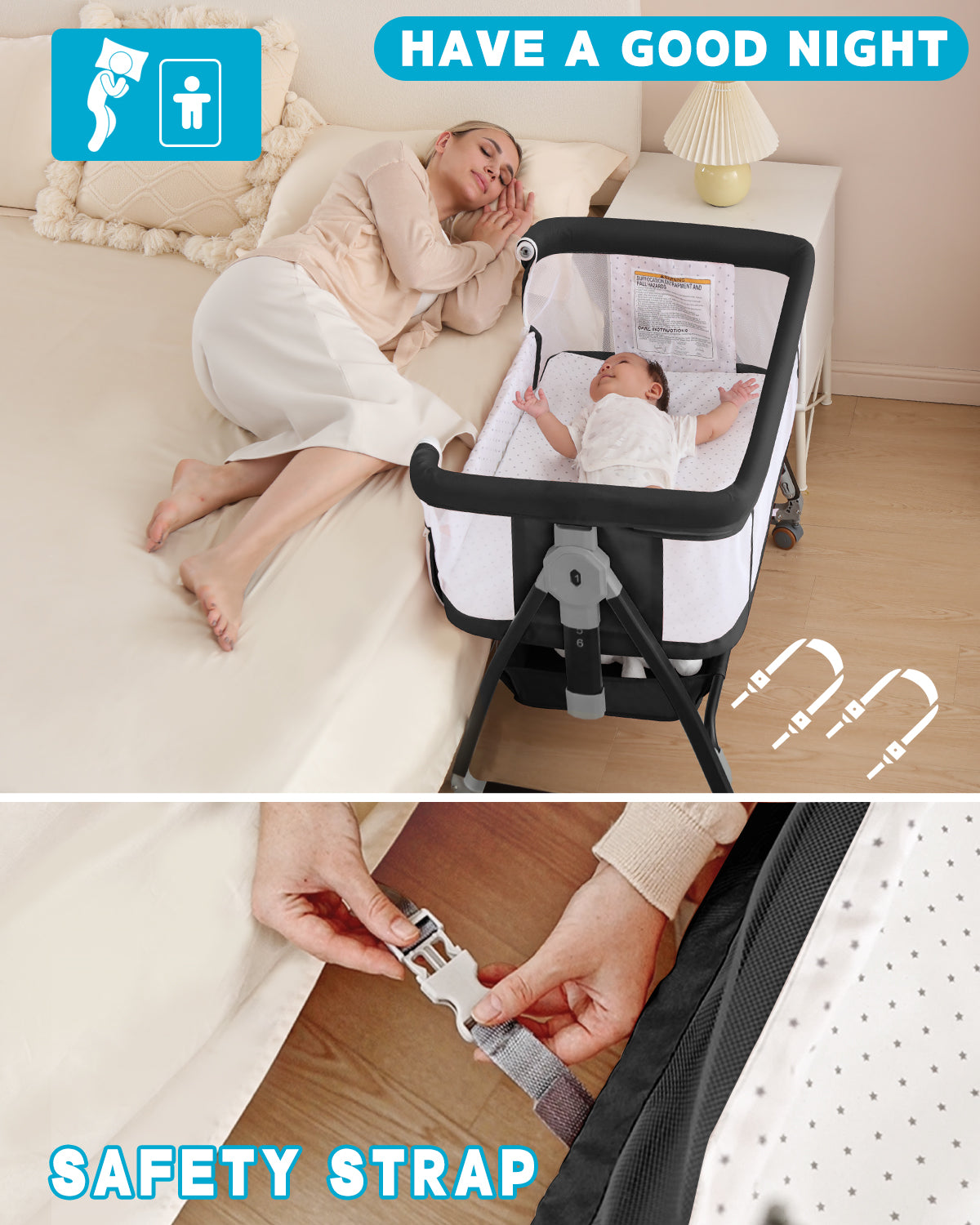 3 in 1 Baby Bassinet, Bedside Crib with Breathable Mesh, Bassinet Bedside Sleeper with Wheels, Mosquito Net, Storage Basket, 6 Height Adjustable, Easy to Fold, Rocking Bassinet for Baby, Black