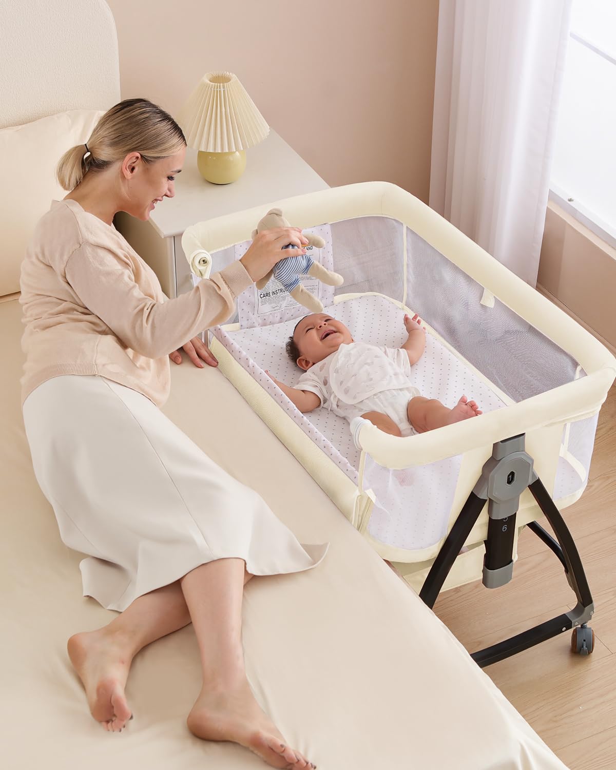 wayfong 3 in 1 Baby Bassine Crib with Breathable Mesh, Bassinet Bedside Sleeper with Wheels, Mosquito Net, Storage Basket, 6 Height Adjustable, Easy to Fold, Rocking Bassinet for Baby