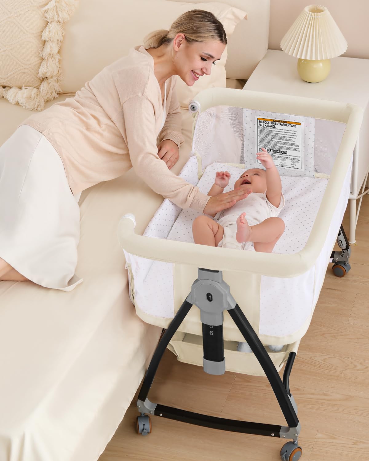 wayfong 3 in 1 Baby Bassine Crib with Breathable Mesh, Bassinet Bedside Sleeper with Wheels, Mosquito Net, Storage Basket, 6 Height Adjustable, Easy to Fold, Rocking Bassinet for Baby