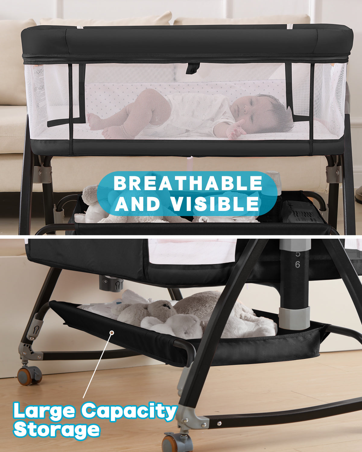 3 in 1 Baby Bassinet, Bedside Crib with Breathable Mesh, Bassinet Bedside Sleeper with Wheels, Mosquito Net, Storage Basket, 6 Height Adjustable, Easy to Fold, Rocking Bassinet for Baby, Black