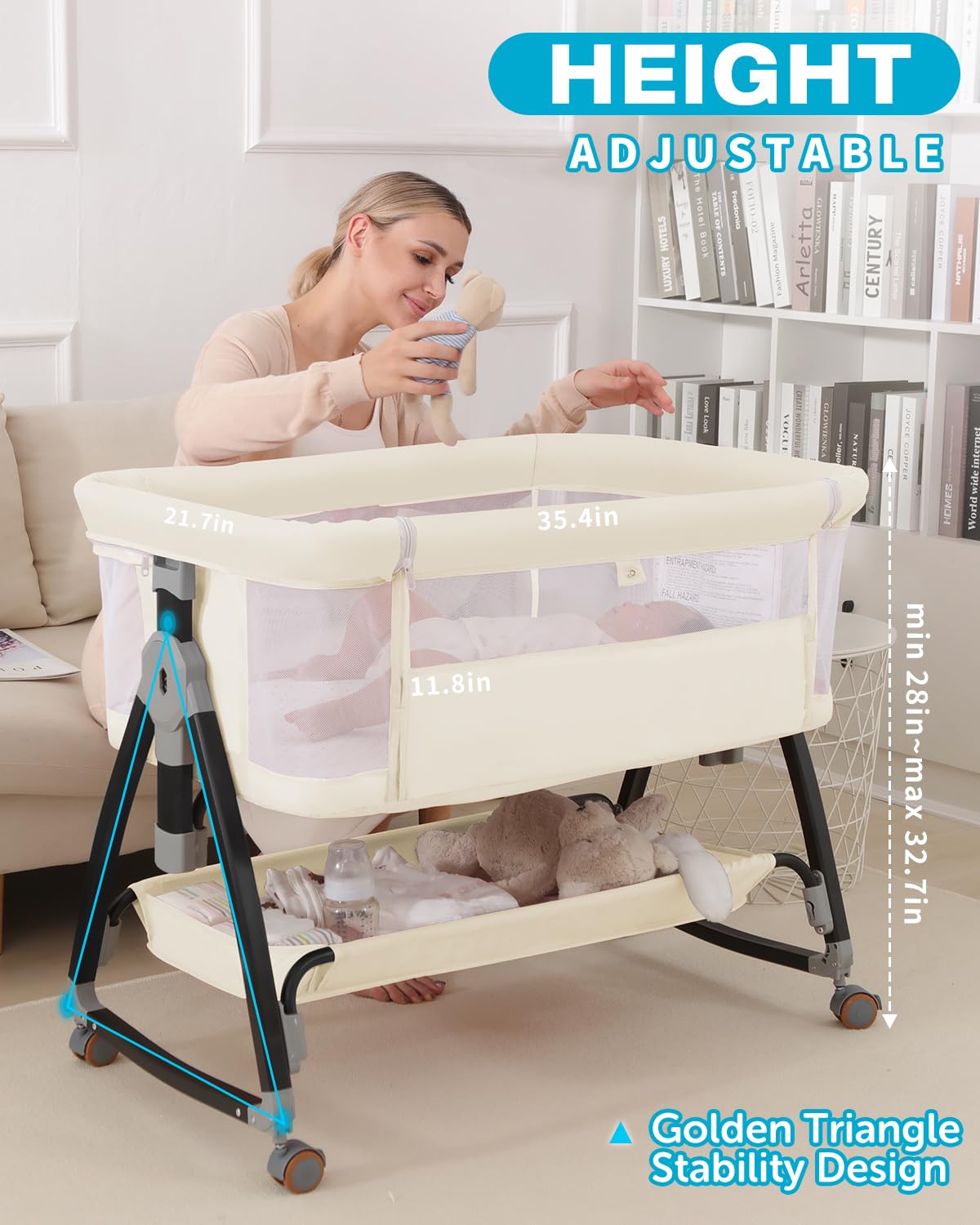 wayfong 3 in 1 Baby Bassine Crib with Breathable Mesh, Bassinet Bedside Sleeper with Wheels, Mosquito Net, Storage Basket, 6 Height Adjustable, Easy to Fold, Rocking Bassinet for Baby