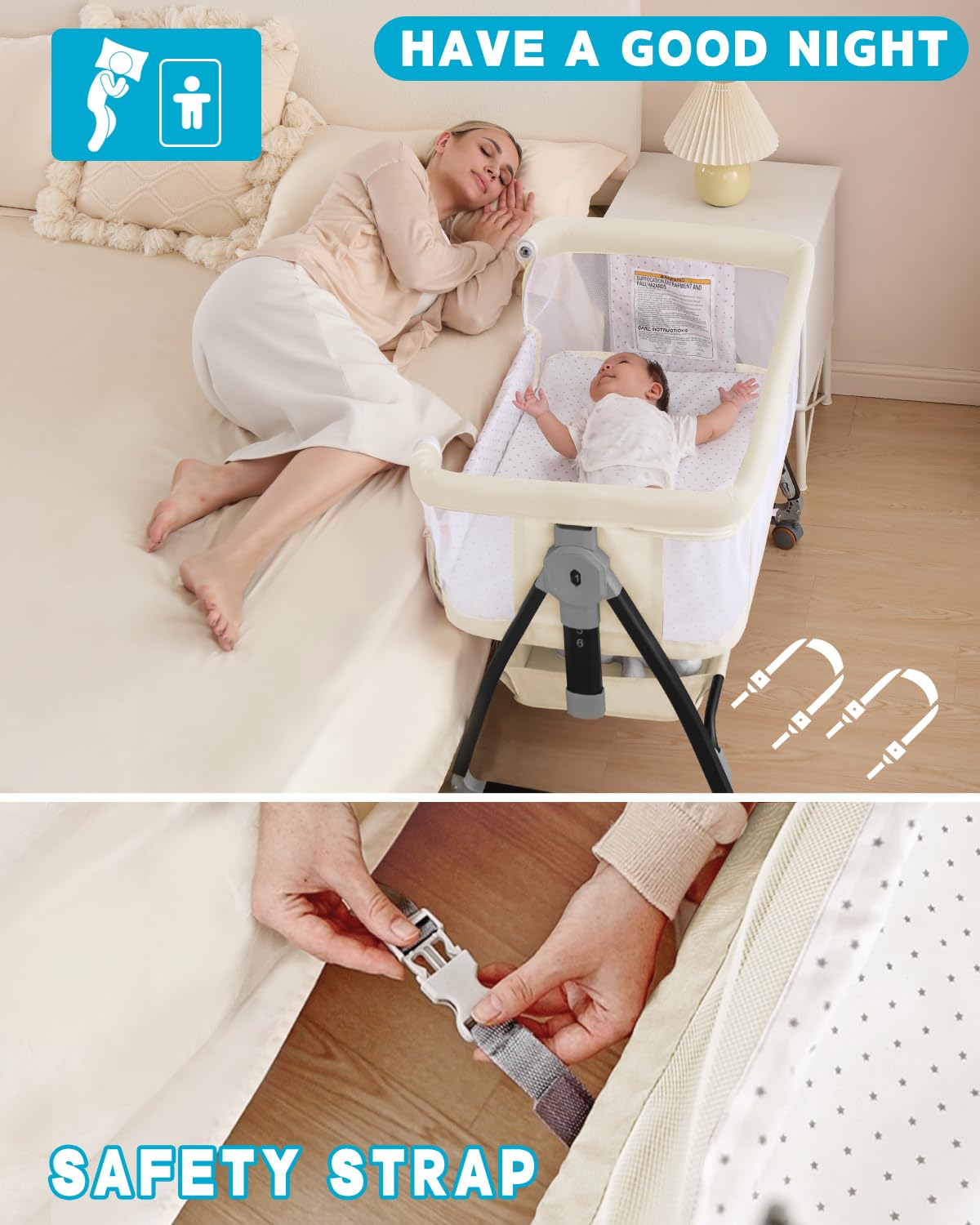 wayfong 3 in 1 Baby Bassine Crib with Breathable Mesh, Bassinet Bedside Sleeper with Wheels, Mosquito Net, Storage Basket, 6 Height Adjustable, Easy to Fold, Rocking Bassinet for Baby