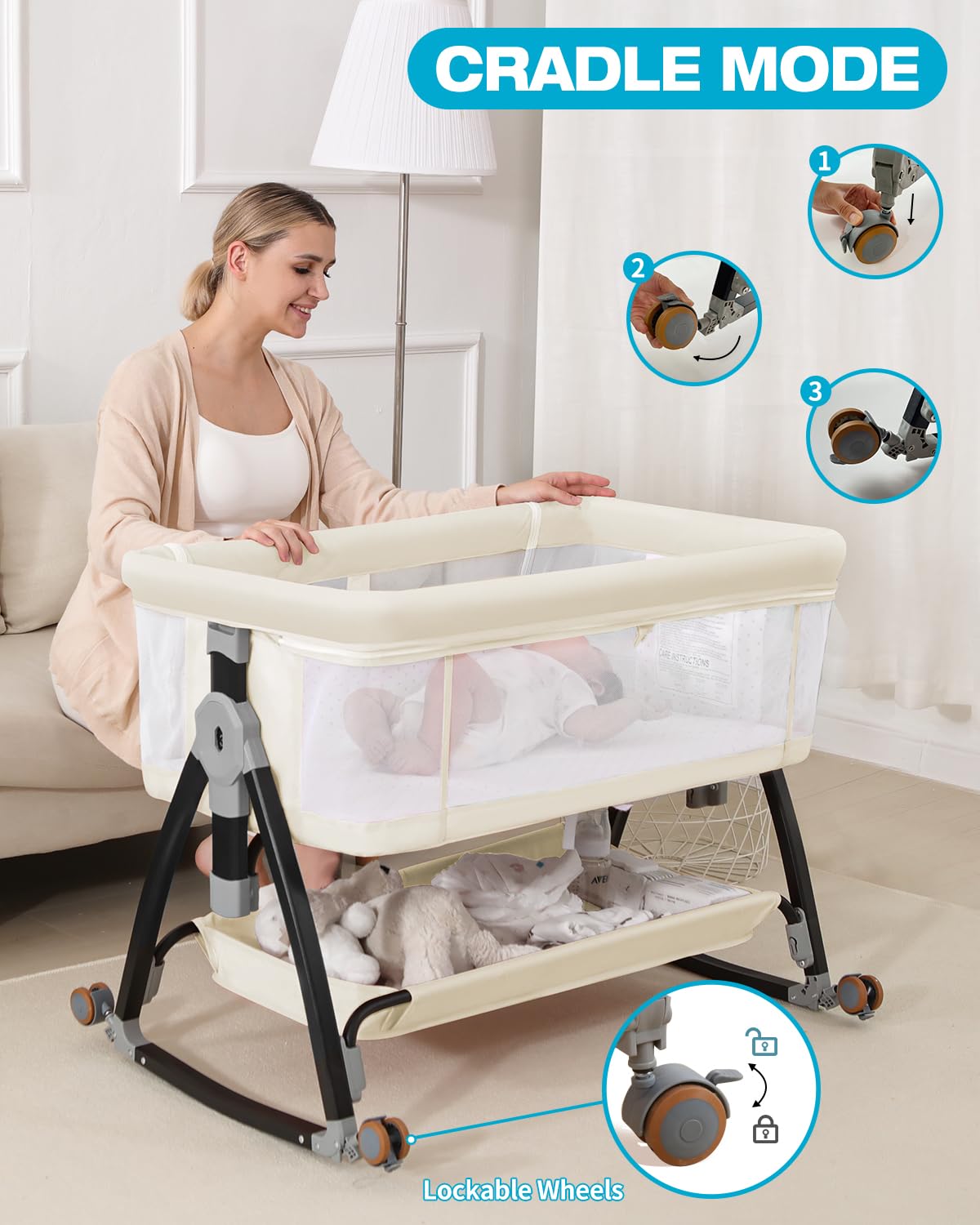 wayfong 3 in 1 Baby Bassine Crib with Breathable Mesh, Bassinet Bedside Sleeper with Wheels, Mosquito Net, Storage Basket, 6 Height Adjustable, Easy to Fold, Rocking Bassinet for Baby