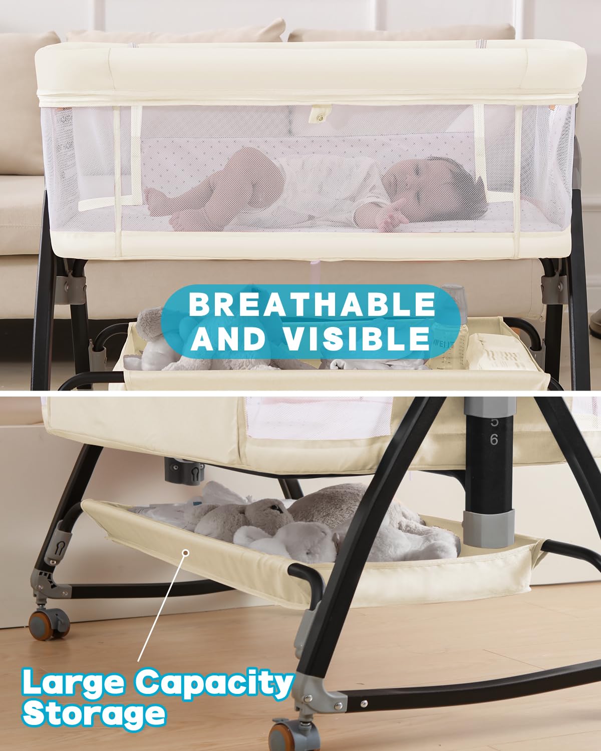 wayfong 3 in 1 Baby Bassine Crib with Breathable Mesh, Bassinet Bedside Sleeper with Wheels, Mosquito Net, Storage Basket, 6 Height Adjustable, Easy to Fold, Rocking Bassinet for Baby