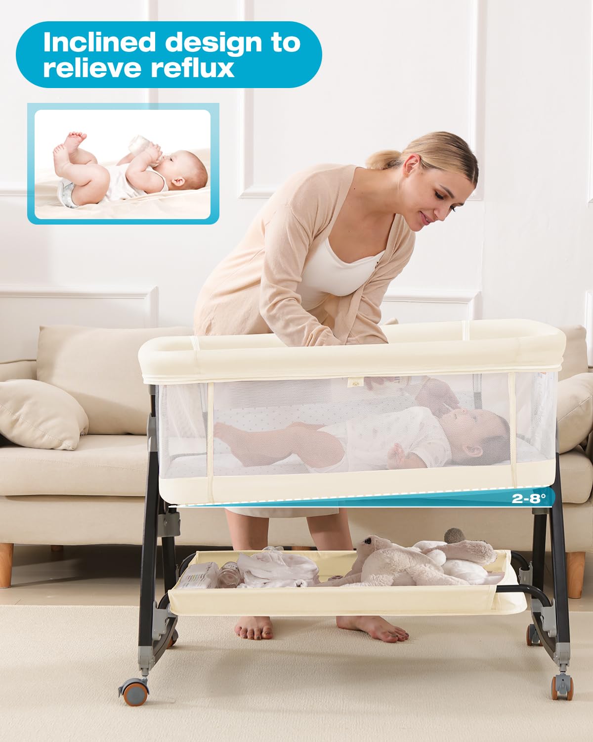 wayfong 3 in 1 Baby Bassine Crib with Breathable Mesh, Bassinet Bedside Sleeper with Wheels, Mosquito Net, Storage Basket, 6 Height Adjustable, Easy to Fold, Rocking Bassinet for Baby