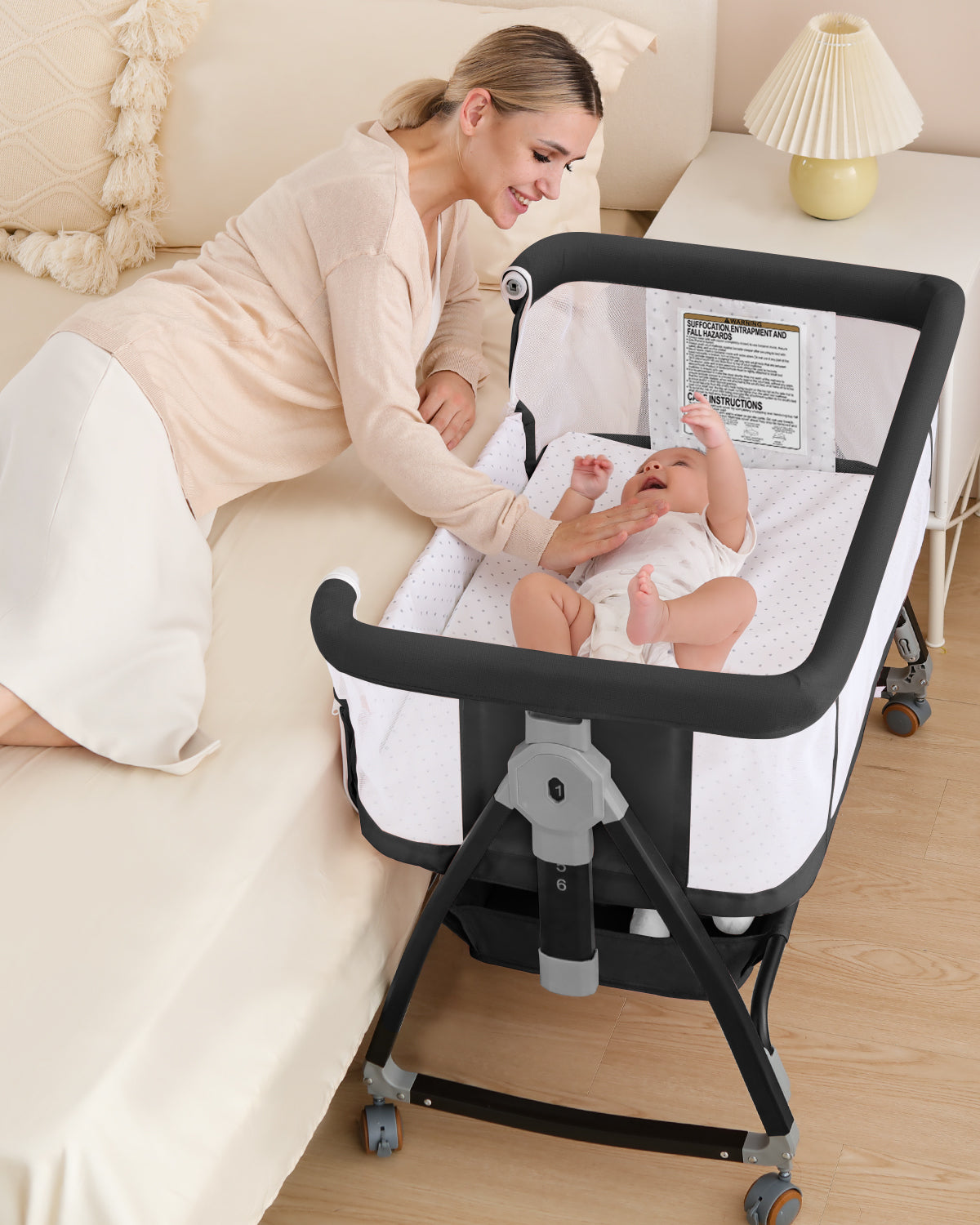 3 in 1 Baby Bassinet, Bedside Crib with Breathable Mesh, Bassinet Bedside Sleeper with Wheels, Mosquito Net, Storage Basket, 6 Height Adjustable, Easy to Fold, Rocking Bassinet for Baby, Black
