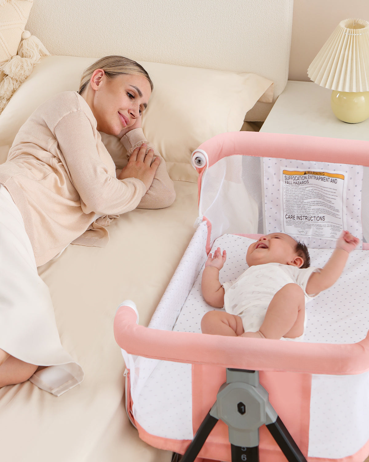 Bedside Bassinet for Baby, 3 in 1 Breathable Mesh Baby Bassinet, 6 Height Adjustable, Easy to Fold, Bassinet Bedside Sleeper with Wheels, Mosquito Net, Storage Basket, Rocking Bassinet for Baby, Pink
