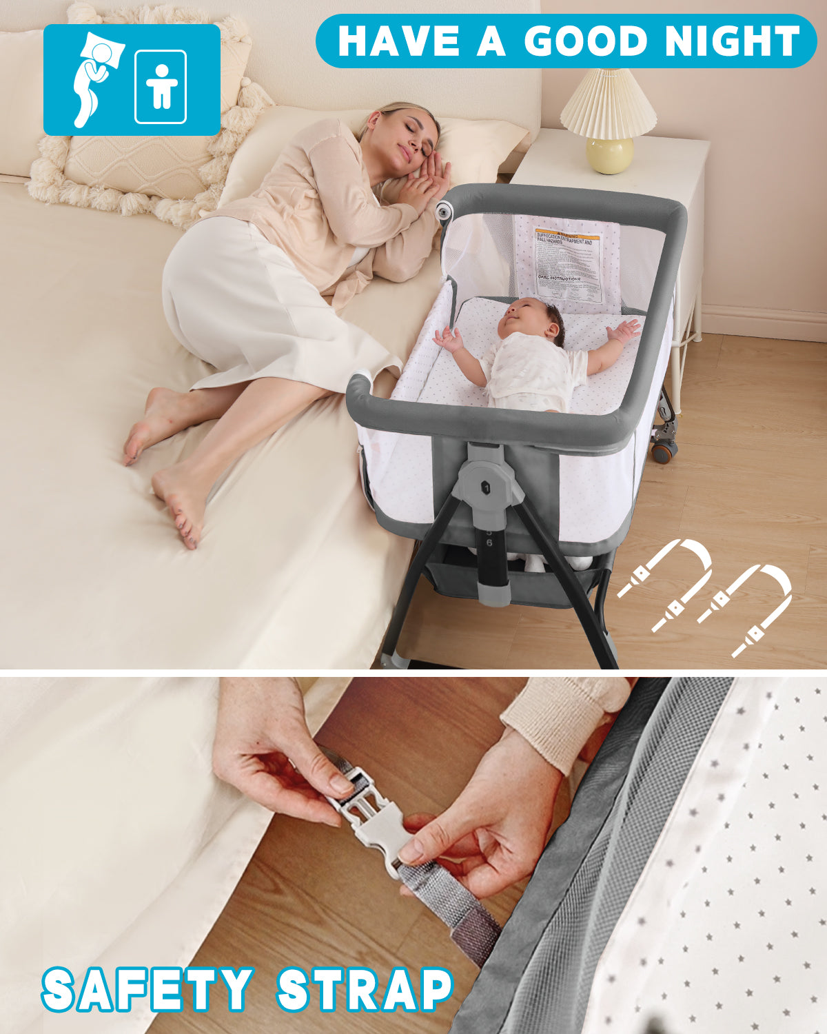 Baby Bassinet, Bassinet Bedside Sleeper with Wheels, Breathable Mesh Bedside Bassinet for Baby, Mosquito Net, Storage Basket, 6 Height Adjustable, Easy to Fold, Rocking Bassinet for Baby, Grey
