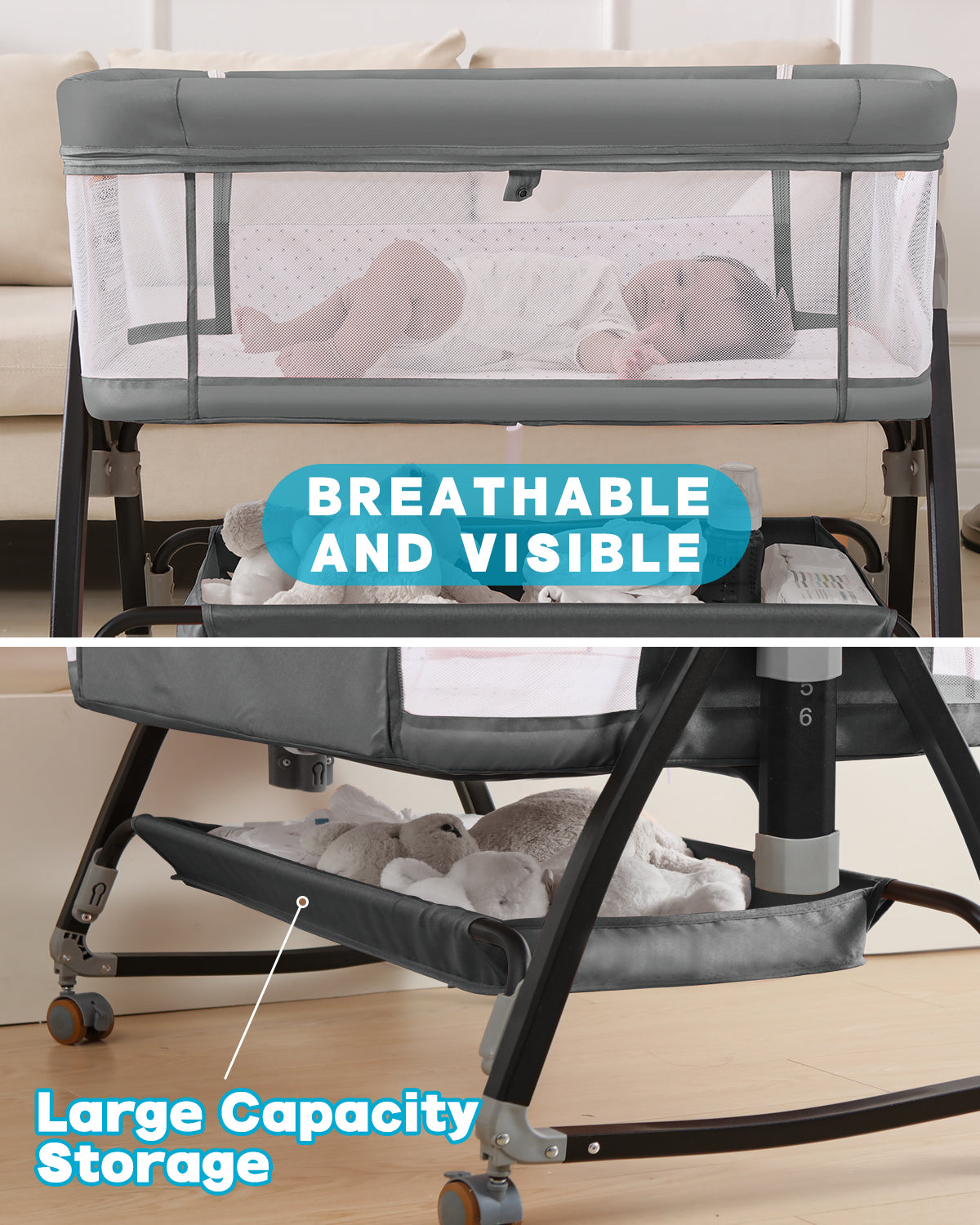 Baby Bassinet, Bassinet Bedside Sleeper with Wheels, Breathable Mesh Bedside Bassinet for Baby, Mosquito Net, Storage Basket, 6 Height Adjustable, Easy to Fold, Rocking Bassinet for Baby, Grey