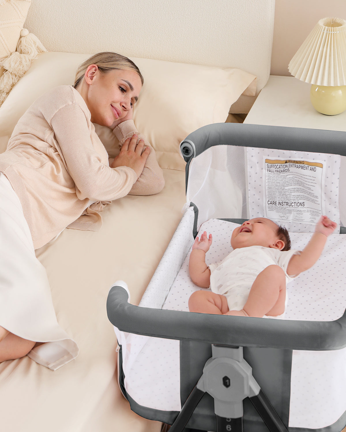 Baby Bassinet, Bassinet Bedside Sleeper with Wheels, Breathable Mesh Bedside Bassinet for Baby, Mosquito Net, Storage Basket, 6 Height Adjustable, Easy to Fold, Rocking Bassinet for Baby, Grey