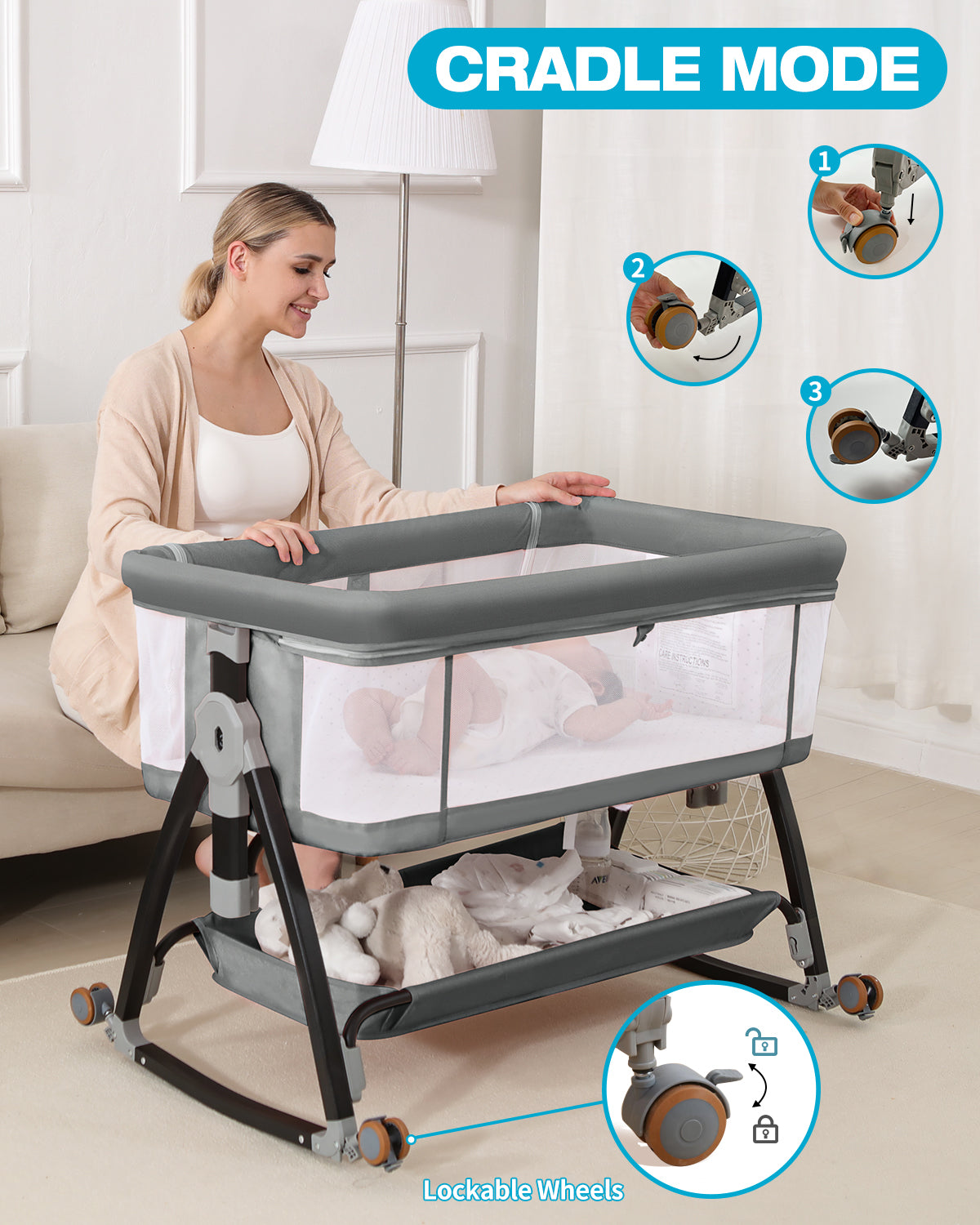 Baby Bassinet, Bassinet Bedside Sleeper with Wheels, Breathable Mesh Bedside Bassinet for Baby, Mosquito Net, Storage Basket, 6 Height Adjustable, Easy to Fold, Rocking Bassinet for Baby, Grey