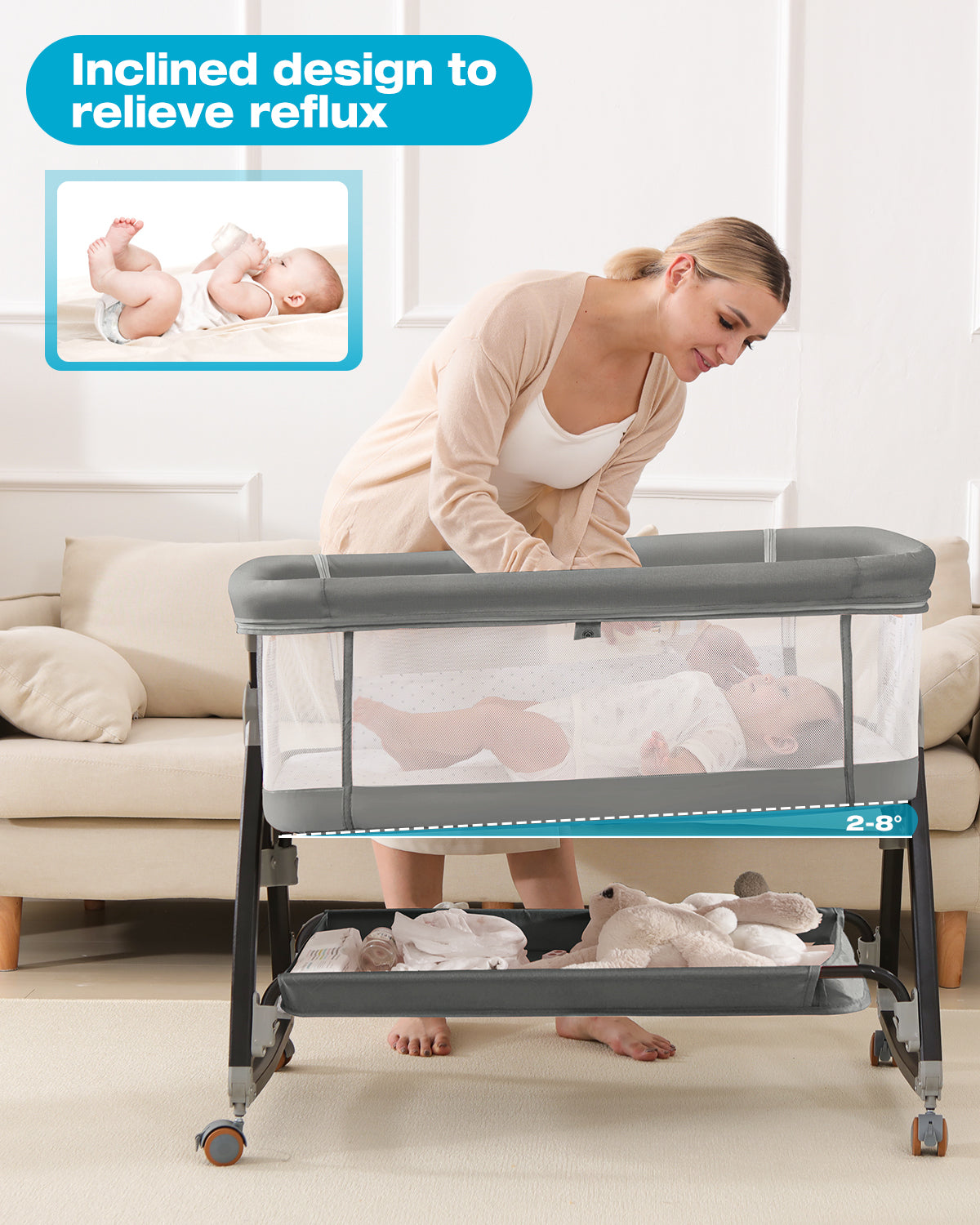 Baby Bassinet, Bassinet Bedside Sleeper with Wheels, Breathable Mesh Bedside Bassinet for Baby, Mosquito Net, Storage Basket, 6 Height Adjustable, Easy to Fold, Rocking Bassinet for Baby, Grey