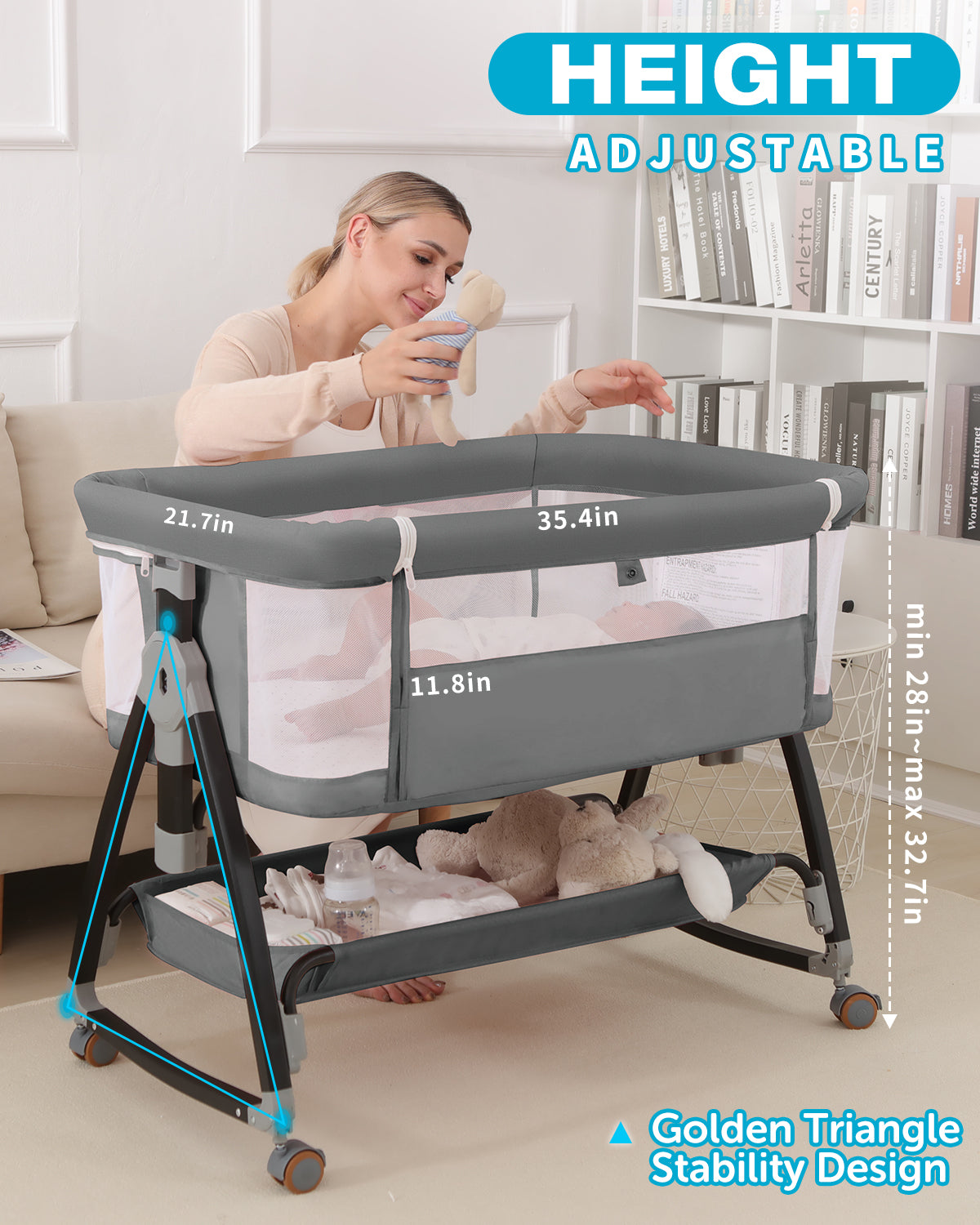 Baby Bassinet, Bassinet Bedside Sleeper with Wheels, Breathable Mesh Bedside Bassinet for Baby, Mosquito Net, Storage Basket, 6 Height Adjustable, Easy to Fold, Rocking Bassinet for Baby, Grey